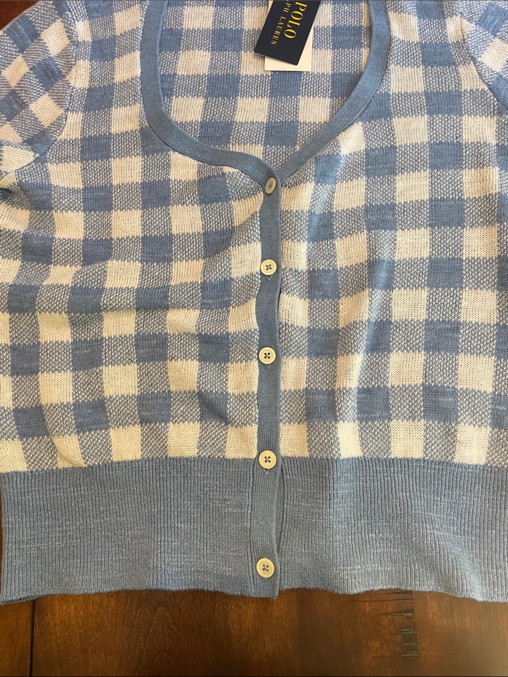 NWT Ralph Lauren Gingham Light Blue & White Short Sleeve Knit Cardigan - Picture 9 of 14